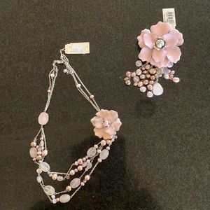 Anne Taylor gorgeous pink enamel, quartz,pearl costume necklace and brooch BNWT